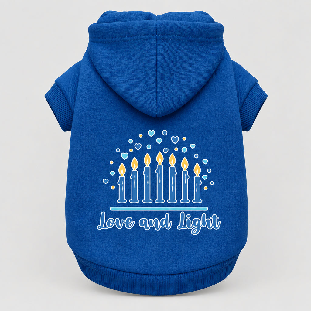 Hanukkah pet hoodie, bright blue, hooded sweatshirt with “Love and Light” menorah graphic
