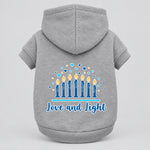 Hanukkah pet hoodie, heather grey, hooded sweatshirt with “Love and Light” menorah graphic