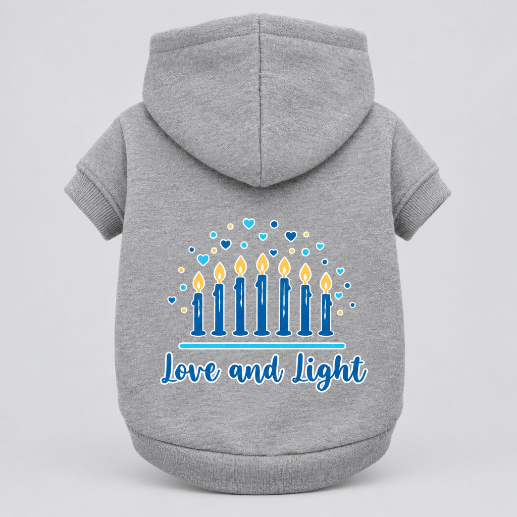 Hanukkah pet hoodie, heather grey, hooded sweatshirt with “Love and Light” menorah graphic