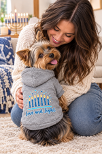 Gray Hanukkah pet hoodie with menorah graphic and love and light text