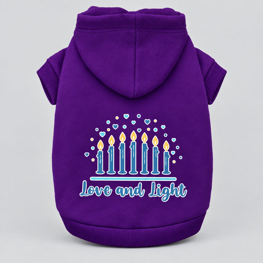 Hanukkah pet hoodie, purple, hooded sweatshirt with “Love and Light” menorah print