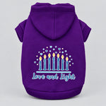 Hanukkah pet hoodie, purple, hooded sweatshirt with “Love and Light” menorah print