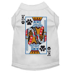 White pet shirt with back playing-card king graphic, paw prints, and costume design