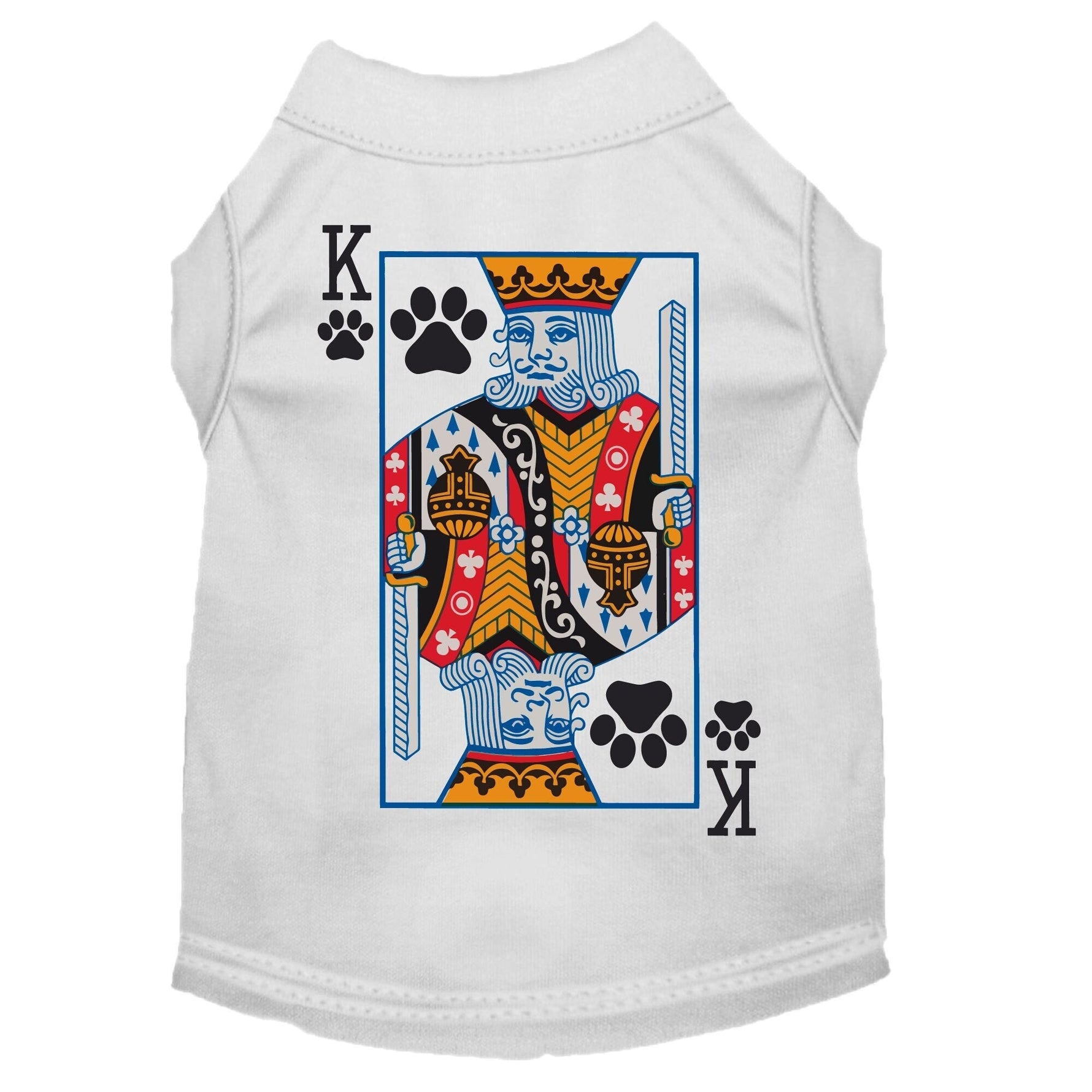 White pet shirt with back playing-card king graphic, paw prints, and costume design