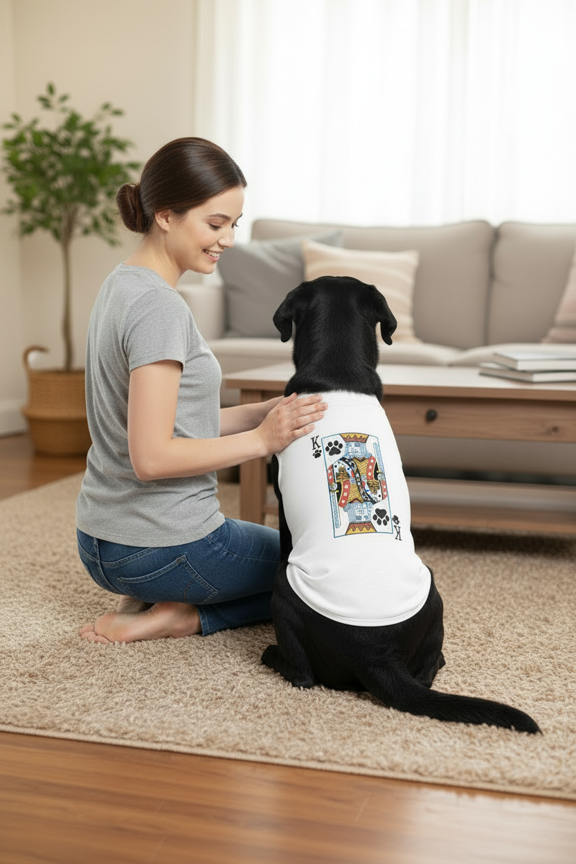 White pet dog shirt with playing-card graphic on back
