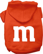 Orange pet hoodie with hood and front pocket, large white 'm' graphic.