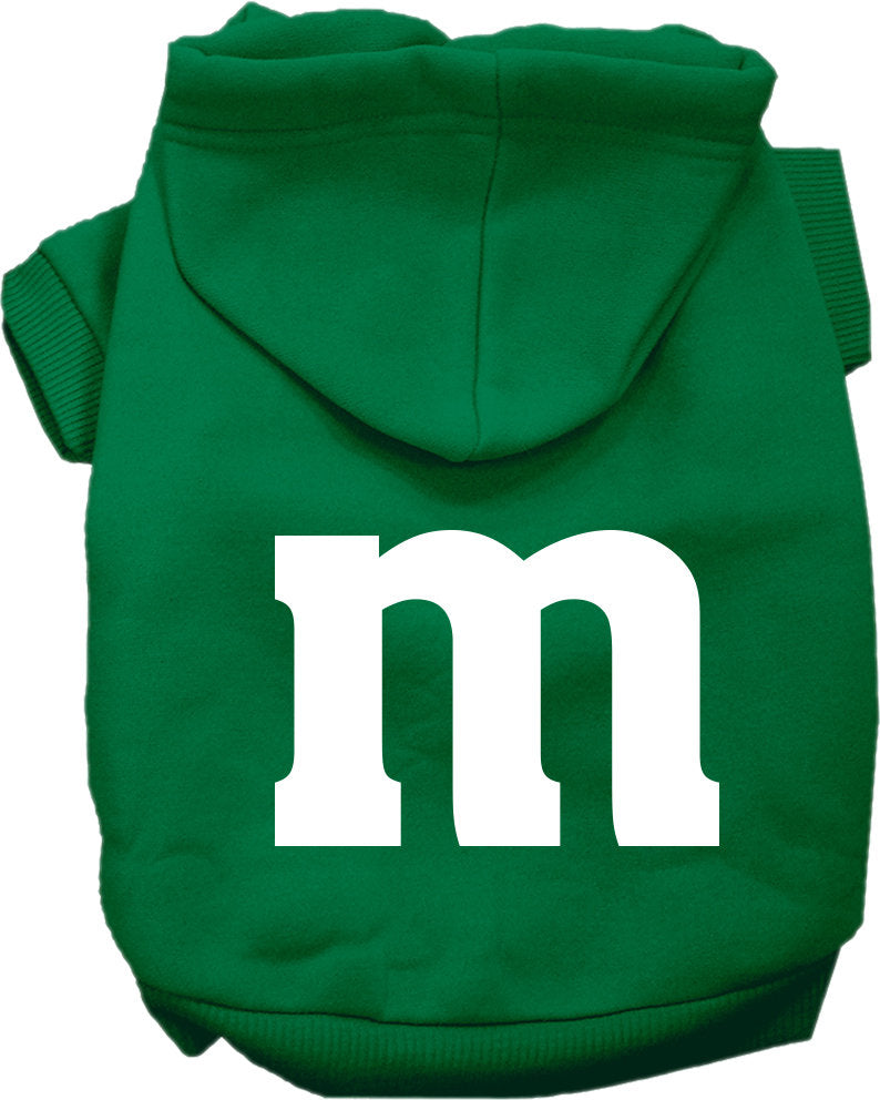 Emerald green pet hoodie with hood and front pocket, large white 'm' graphic.