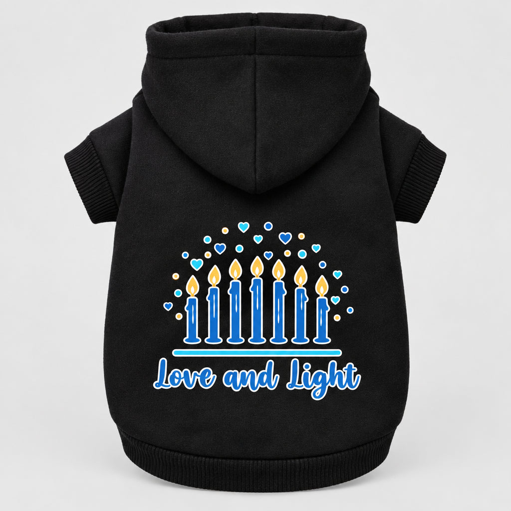 Hanukkah pet hoodie, black, hooded sweatshirt with “Love and Light” menorah print