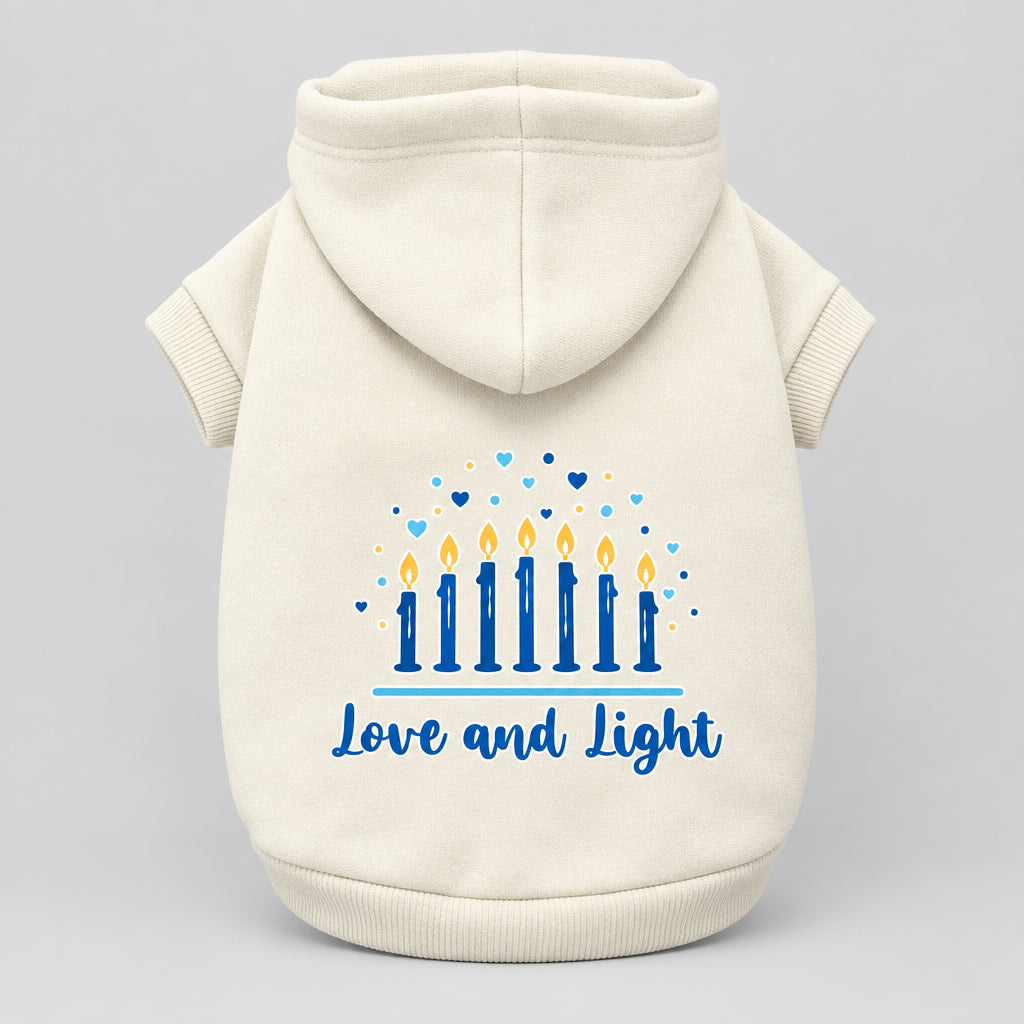 Hanukkah pet hoodie, cream, hooded sweatshirt with “Love and Light” menorah print