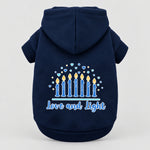 Hanukkah pet hoodie, navy, hooded sweatshirt with “Love and Light” menorah graphic