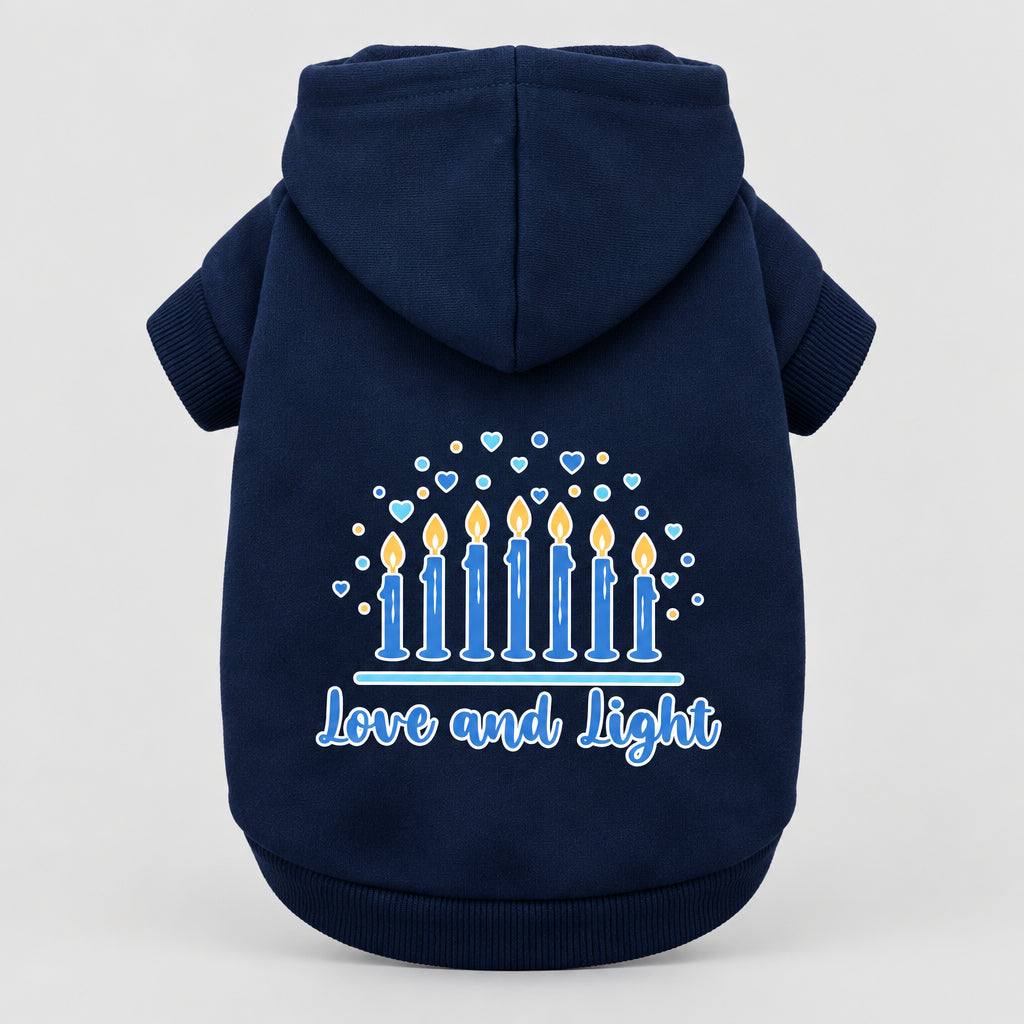 Hanukkah pet hoodie, navy, hooded sweatshirt with “Love and Light” menorah graphic
