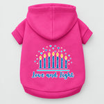 Hanukkah pet hoodie, hot pink, hooded sweatshirt with “Love and Light” menorah graphic