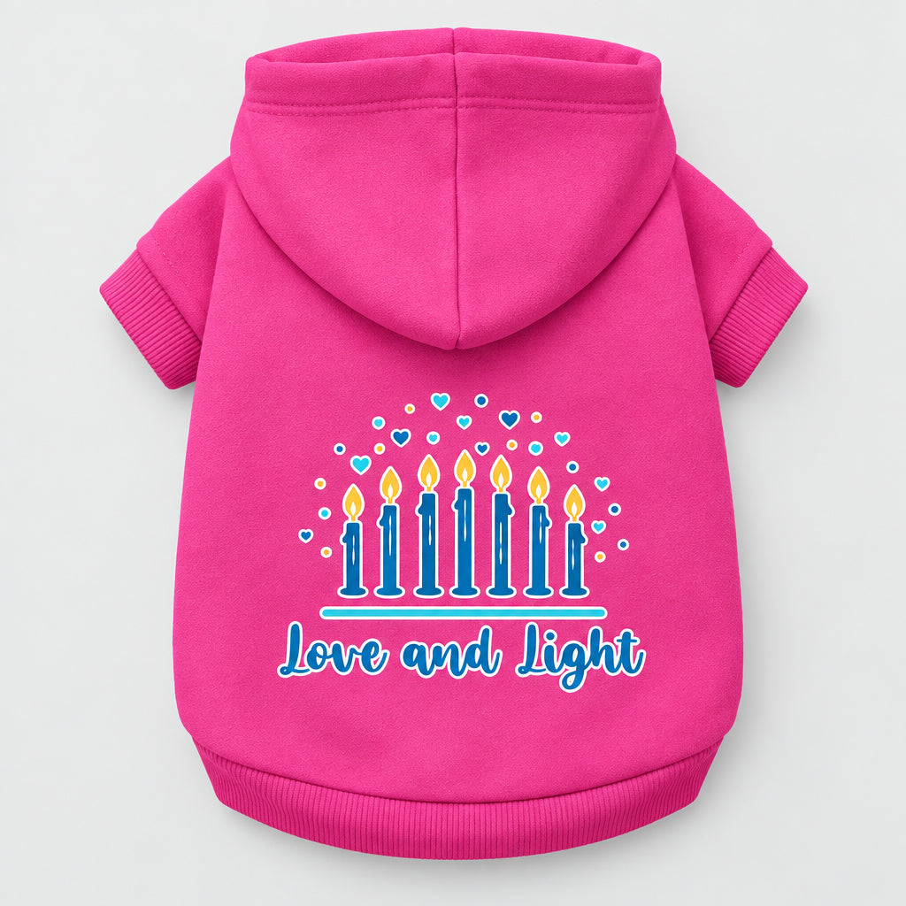 Hanukkah pet hoodie, hot pink, hooded sweatshirt with “Love and Light” menorah graphic