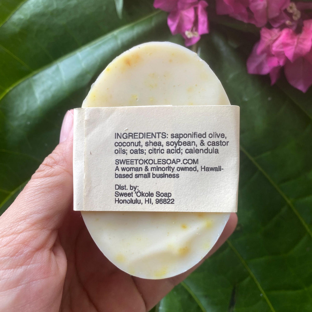 Pet soap bar back label with ingredients text, held in hand