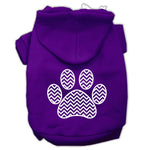 Purple pet hoodie with hood and chevron paw print graphic on back