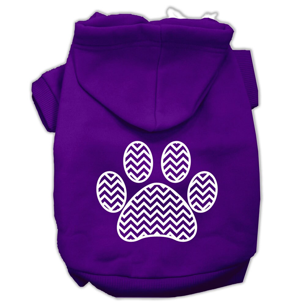 Purple pet hoodie with hood and chevron paw print graphic on back