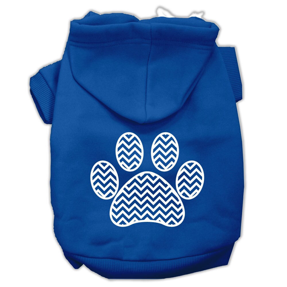 Blue pet hoodie with hood and chevron paw print graphic on back