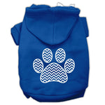 Blue pet hoodie with hood and chevron paw print graphic on back