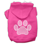 Pink pet hoodie with hood and chevron paw print graphic on back