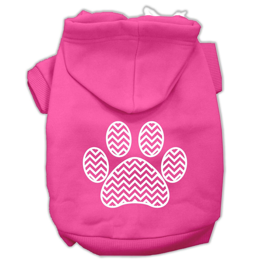 Pink pet hoodie with hood and chevron paw print graphic on back