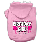Light pink pet hoodie with hood and “Birthday Girl” printed graphic