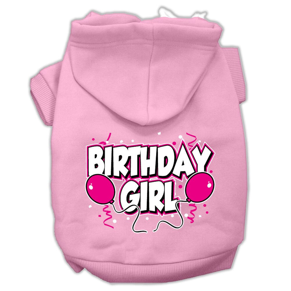 Light pink pet hoodie with hood and “Birthday Girl” printed graphic