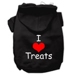 Black pet hoodie with hood, front pocket, “I ♥ Treats” graphic on chest