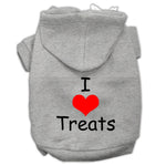 Gray pet hoodie with hood, front pocket, “I ♥ Treats” graphic on chest