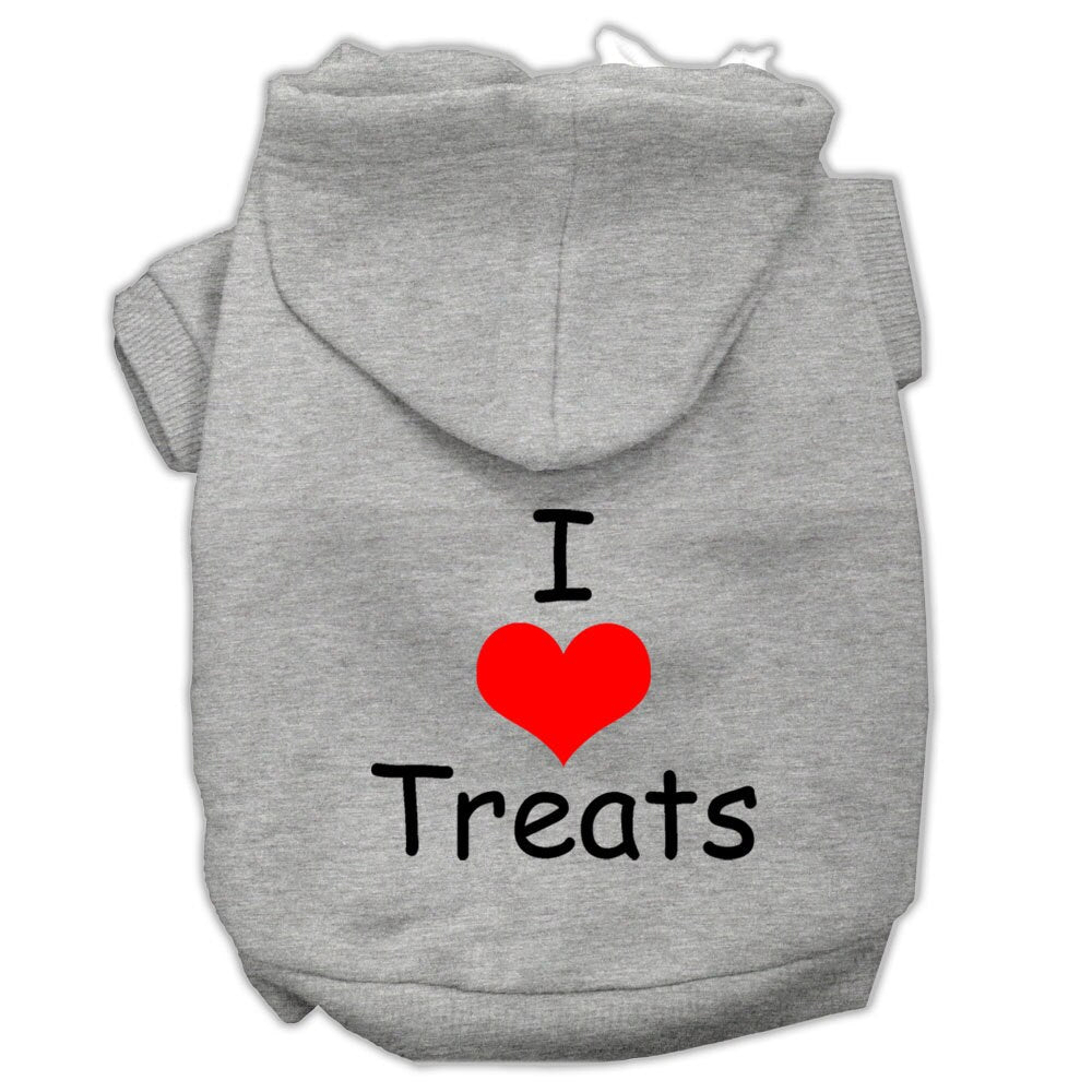 Gray pet hoodie with hood, front pocket, “I ♥ Treats” graphic on chest