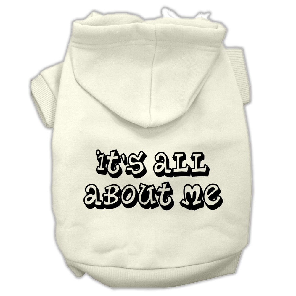 Cream pet hoodie with hood and “It’s all about me” text graphic on back