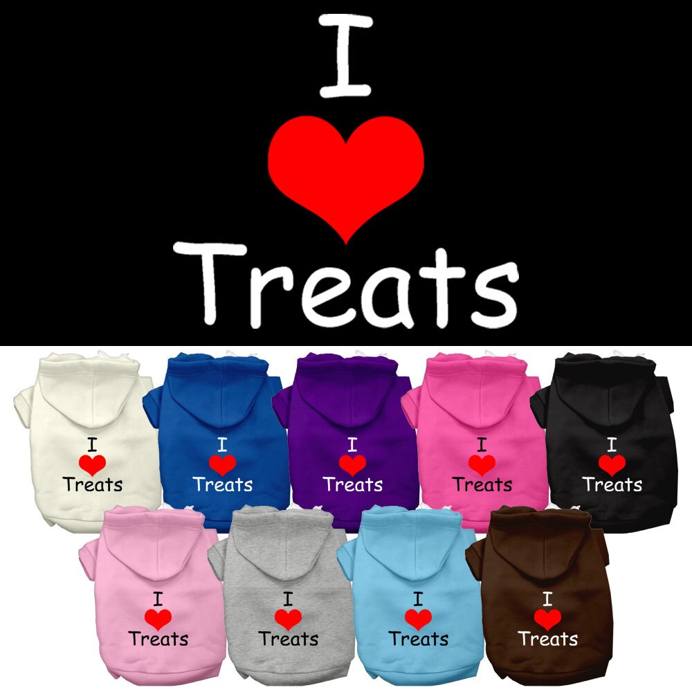 Assorted color pet hoodies with hood, front pocket, “I ♥ Treats” chest graphic