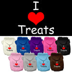 Assorted color pet hoodies with hood, front pocket, “I ♥ Treats” chest graphic