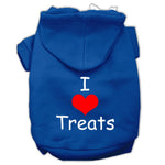 Blue pet hoodie with hood, front pocket, “I ♥ Treats” graphic on chest
