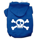 Blue pet hoodie with white skull-and-crossbones graphic, front hood and front opening