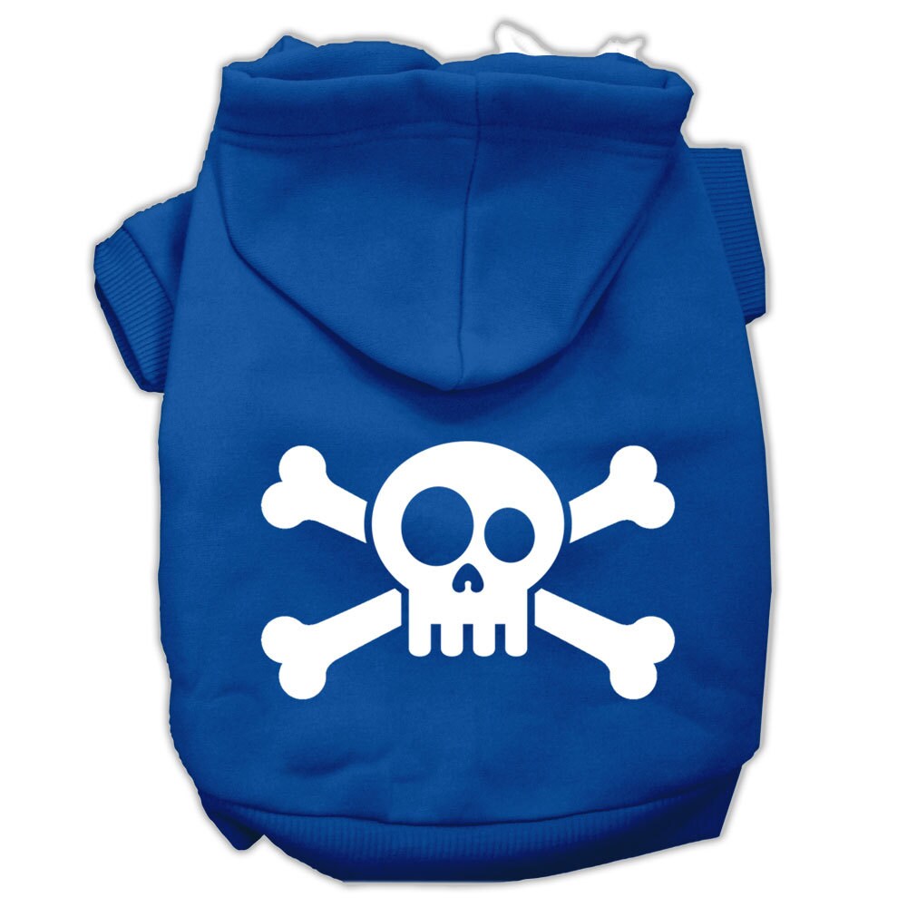 Blue pet hoodie with white skull-and-crossbones graphic, front hood and front opening