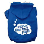 Blue pet hoodie with back hood and white "smarter than most people" logo print