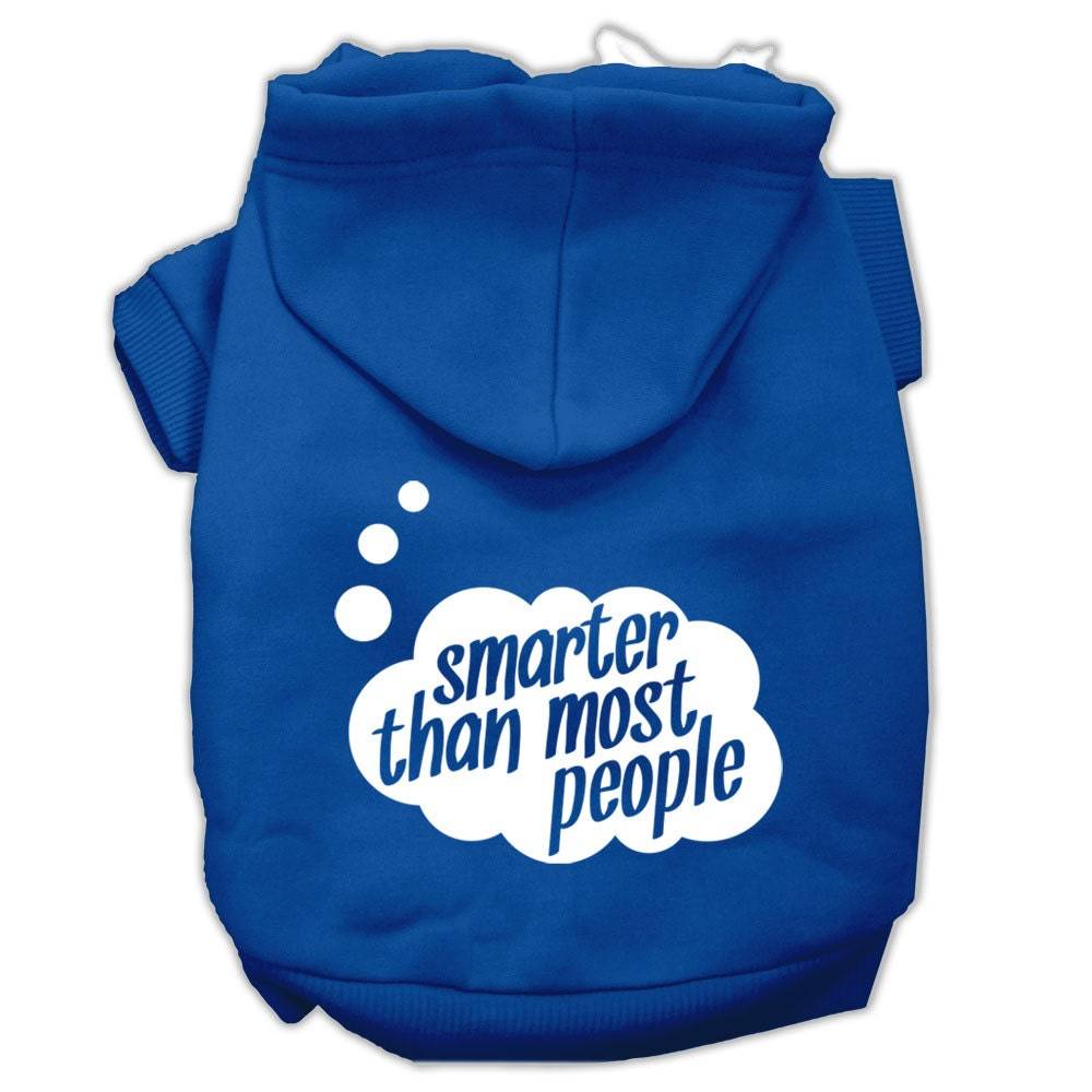 Blue pet hoodie with back hood and white "smarter than most people" logo print