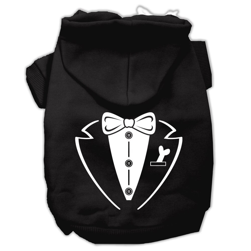 Black pet hoodie with tuxedo-style bow and vest graphic, front zipper and hood
