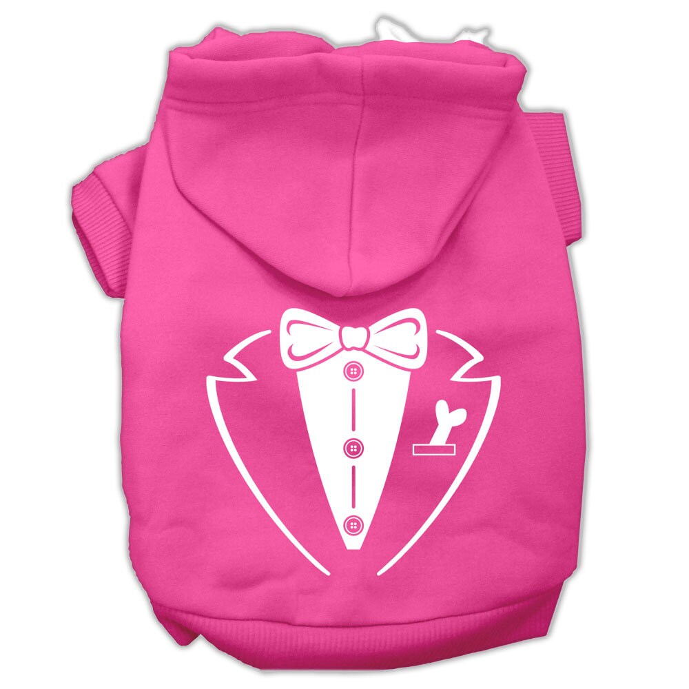 Bright pink pet hoodie with tuxedo-style bow and vest graphic, front zipper and hood