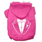 Bright pink pet hoodie with tuxedo-style bow and vest graphic, front zipper and hood