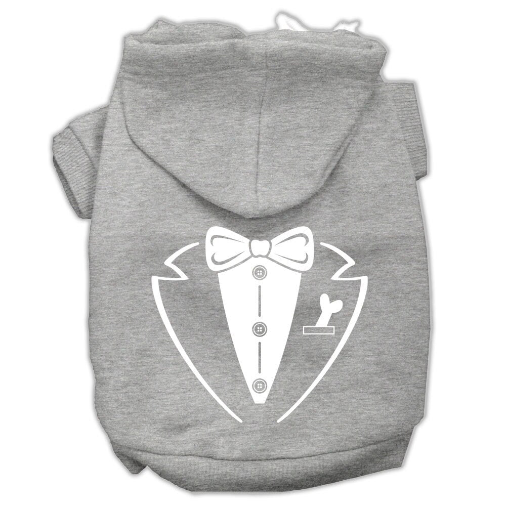 Gray pet hoodie with tuxedo-style bow and vest graphic, front zipper and hood
