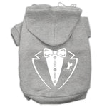 Gray pet hoodie with tuxedo-style bow and vest graphic, front zipper and hood