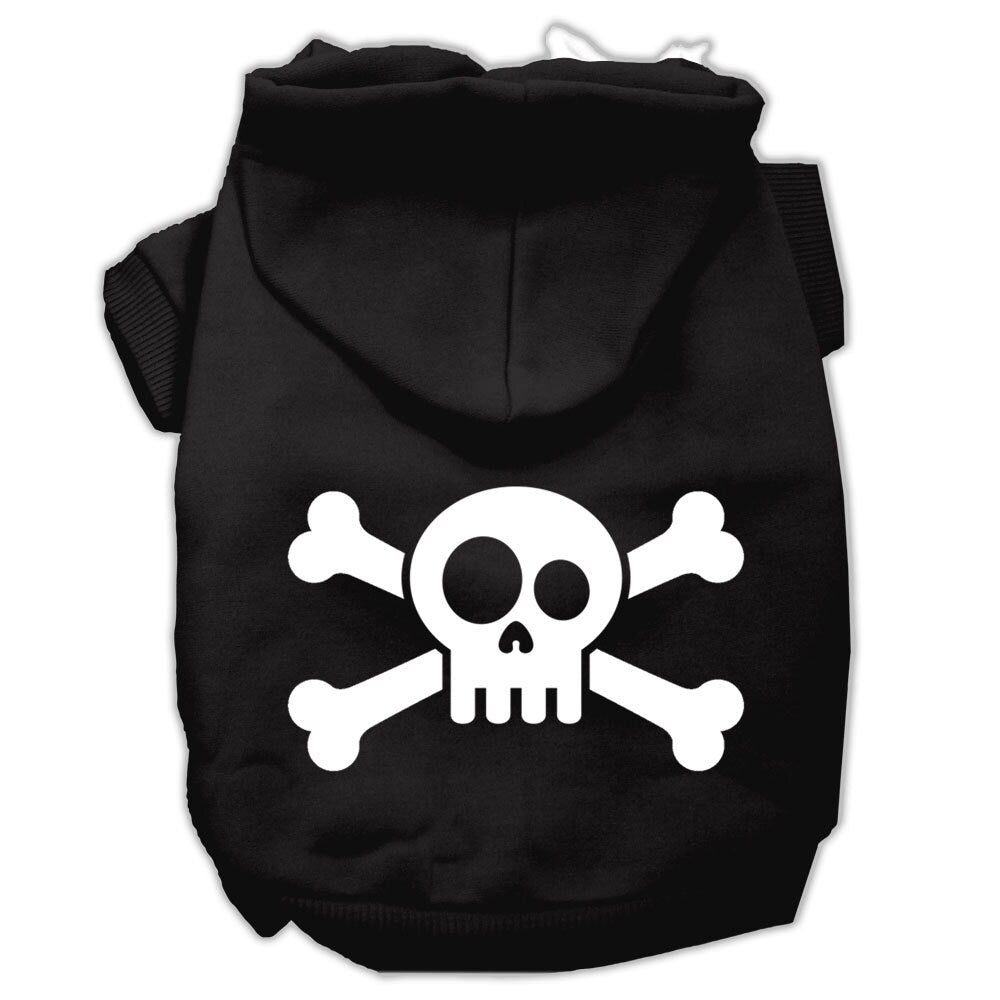Black pet hoodie with white skull-and-crossbones graphic, front hood and front opening