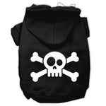 Black pet hoodie with white skull-and-crossbones graphic, front hood and front opening