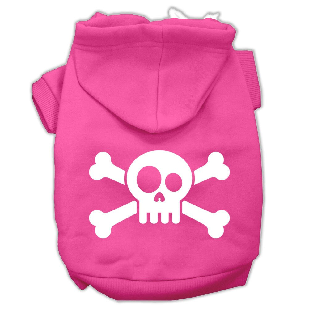 Bright pink pet hoodie with white skull-and-crossbones graphic, front hood and front opening