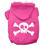 Bright pink pet hoodie with white skull-and-crossbones graphic, front hood and front opening