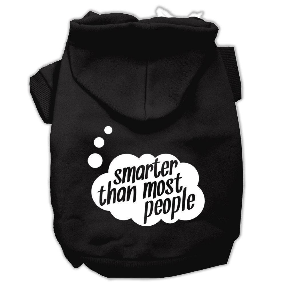 Black pet hoodie with back hood and "smarter than most people" logo print