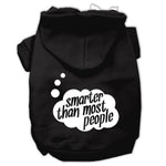 Black pet hoodie with back hood and "smarter than most people" logo print