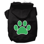 Black pet hoodie with green polka-dot paw print on back and hood