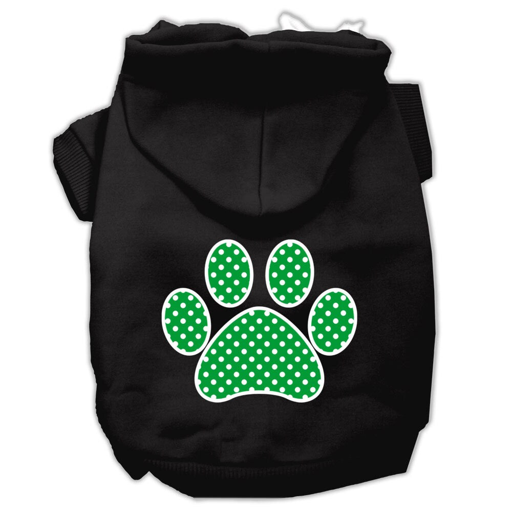Black pet hoodie with green polka-dot paw print on back and hood